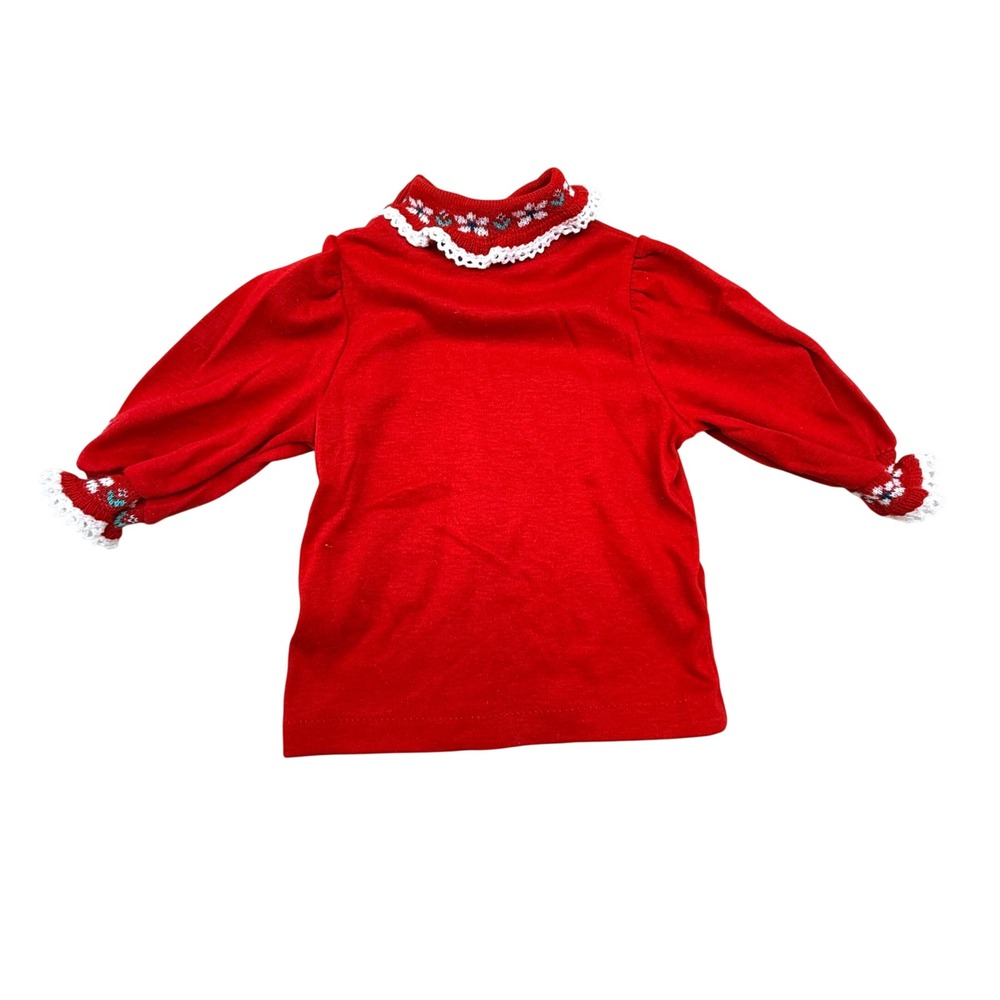 Vintage OshKosh B'Gosh Baby red top 3-6M mock neck Floral Lace Collar USA made